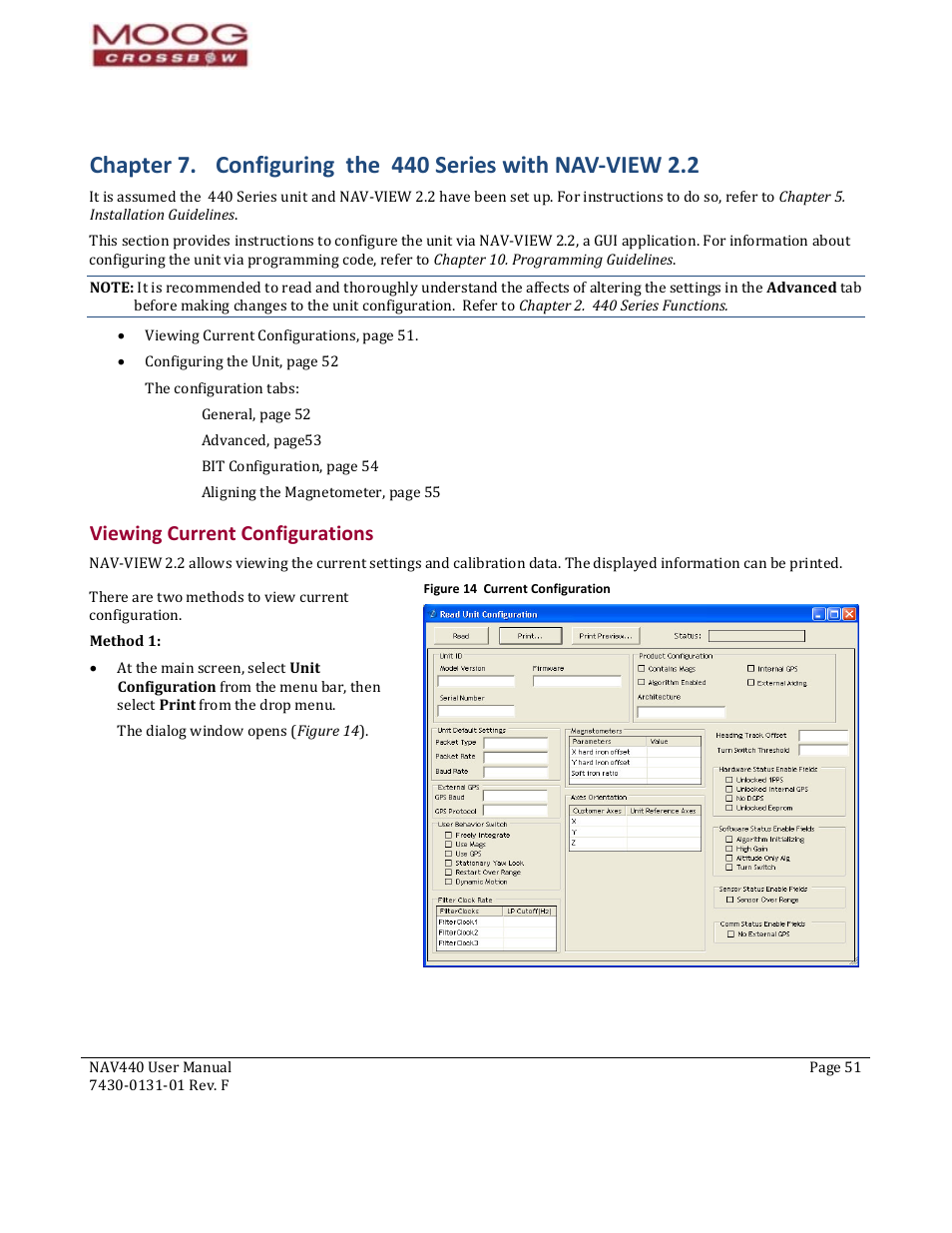 54b54b54bviewing current configurations, Figure 14 current configuration, Data with nav‐view 2.2 | Below. all of, Unit configuration settin, Refer to, Viewing current configurations | Moog Crossbow NAV440 Series User Manual | Page 51 / 128