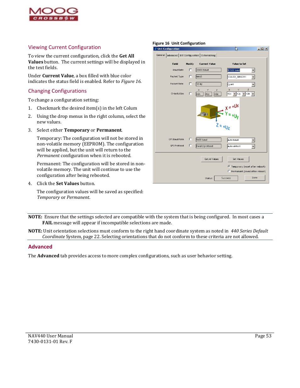 Viewing current configuration, Changing configurations, 124b124b124badvanced | Advanced, Figure 16 unit configuration, Figur, Ation | Moog Crossbow NAV440 Series User Manual | Page 53 / 128