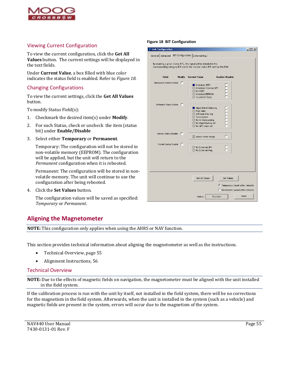 Viewing current configuration, Changing configurations, 56b56b56baligning the magnetometer | Nav440 user manual, 7430‐0131‐01 rev. f, Igning the magnetometer, Technical overview, Figure 18 bit configuration, Urat, Current configurations | Moog Crossbow NAV440 Series User Manual | Page 55 / 128