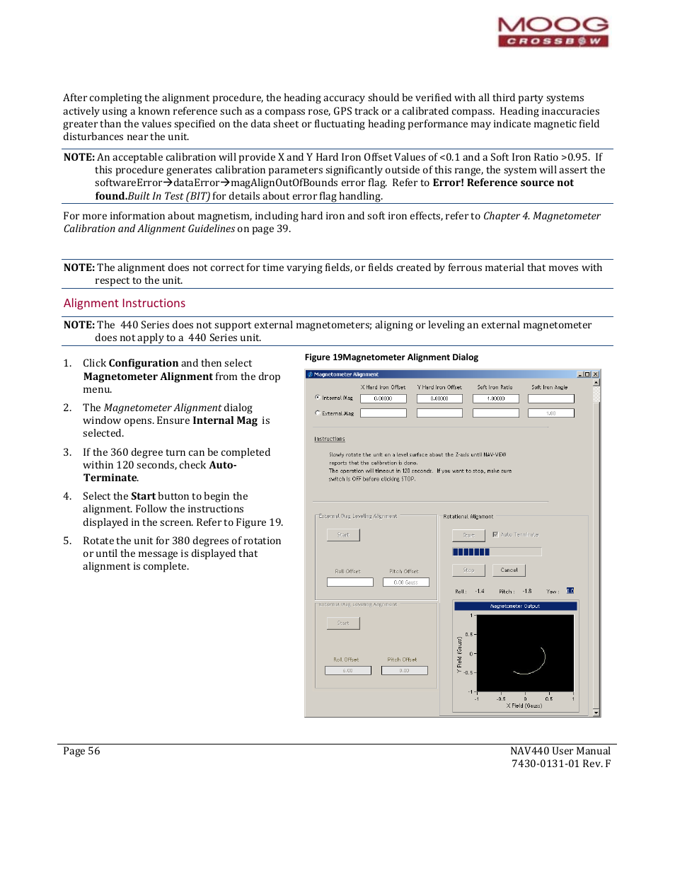 Alignment instructions, Apter 8, Programming guide | Figure 19 magnetometer alignment dialog | Moog Crossbow NAV440 Series User Manual | Page 56 / 128