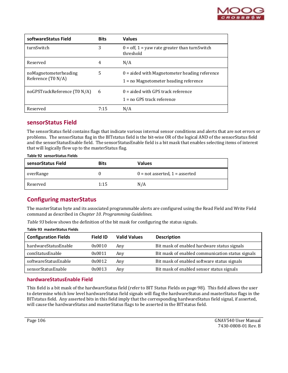 Sensorstatus field, Bits, Values | Configuring masterstatus, Configuration fields, Field id, Valid values, Description, Ge 6, Gnav540 user manual | Moog Crossbow GNAV540 User Manual | Page 106 / 132