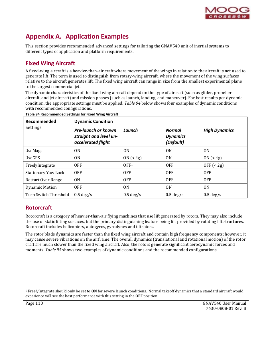 Appendix a. application examples, Fixed wing aircraft, Recommended settings | Launch, Normal dynamics (default), High dynamics, Rotorcraft | Moog Crossbow GNAV540 User Manual | Page 110 / 132