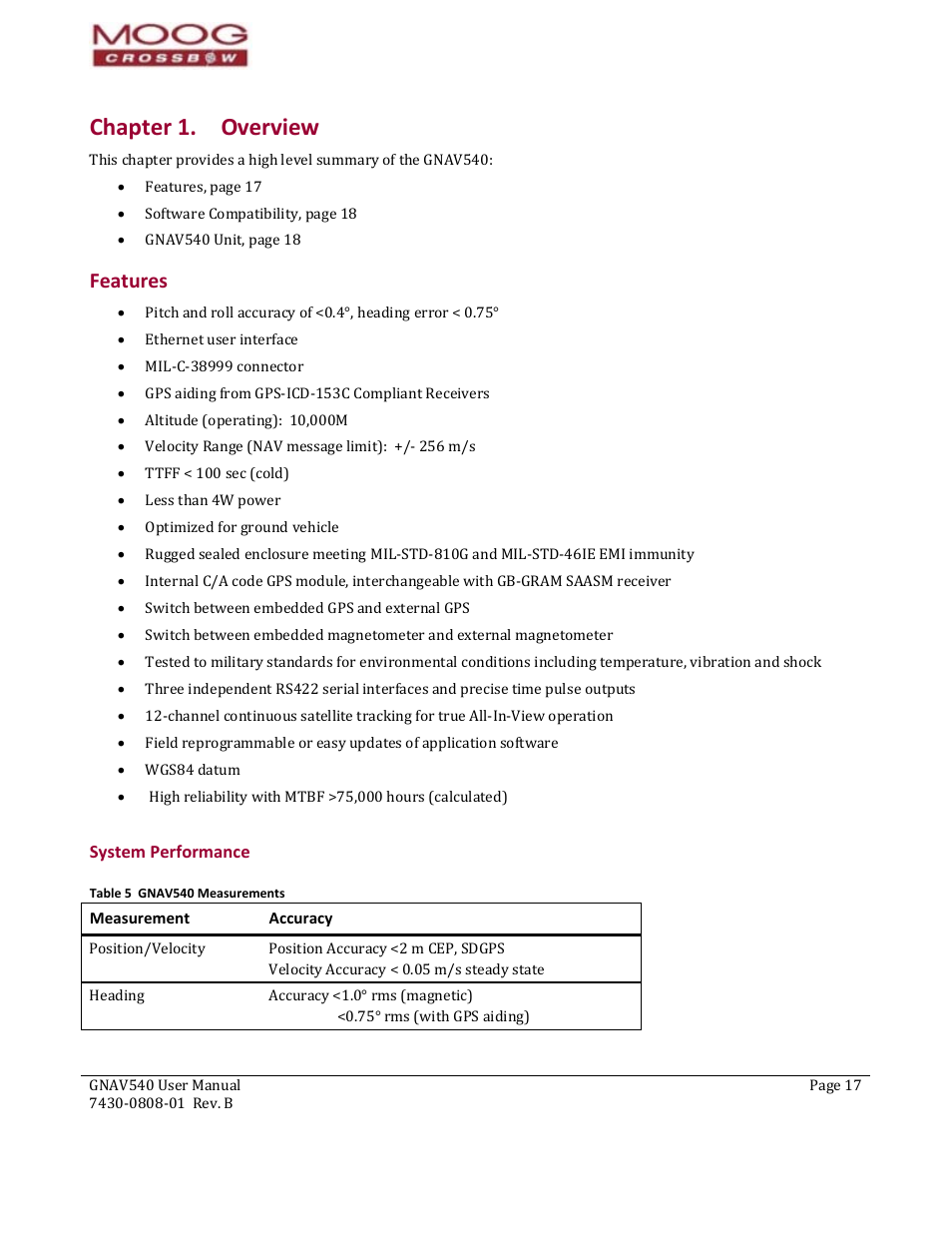 Chapter 1. overview, Features, System performance | Measurement, Accuracy, Atures, Table 5 gnav540 measurements | Moog Crossbow GNAV540 User Manual | Page 17 / 132