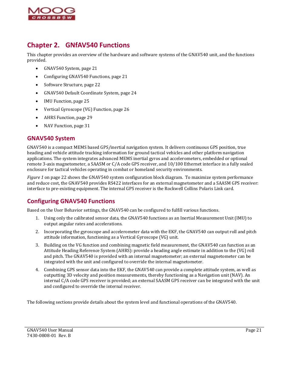 Chapter 2. gnfav540 functions, Gnav540 system, Configuring gnav540 functions | Chapter / appendix, Chapter 1. overview, Chapter 2. gnfav540 f | Moog Crossbow GNAV540 User Manual | Page 21 / 132