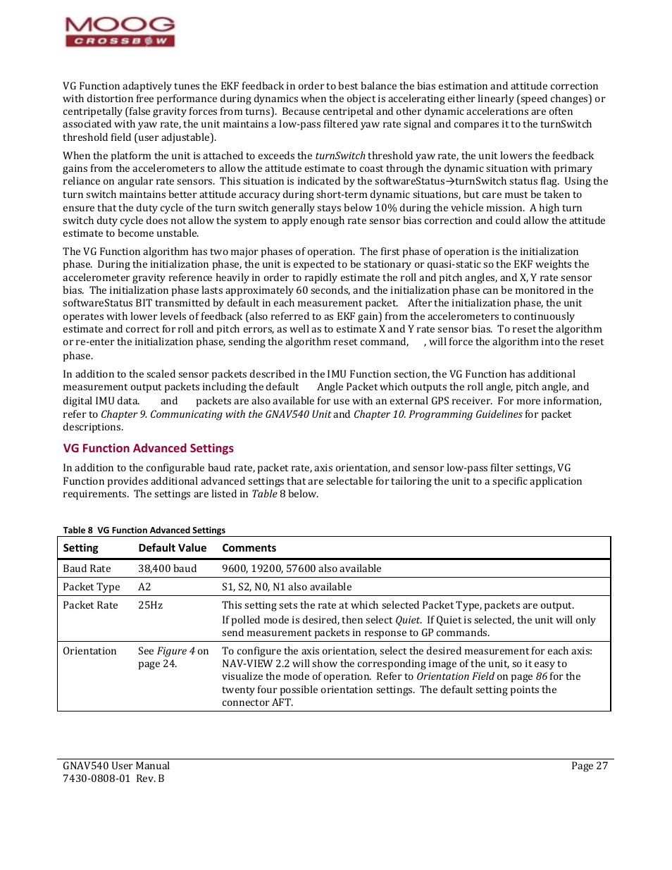 Vg function advanced settings, Setting, Default value | Comments, Ction advanced settings, Table 8 vg function advanced settings | Moog Crossbow GNAV540 User Manual | Page 27 / 132