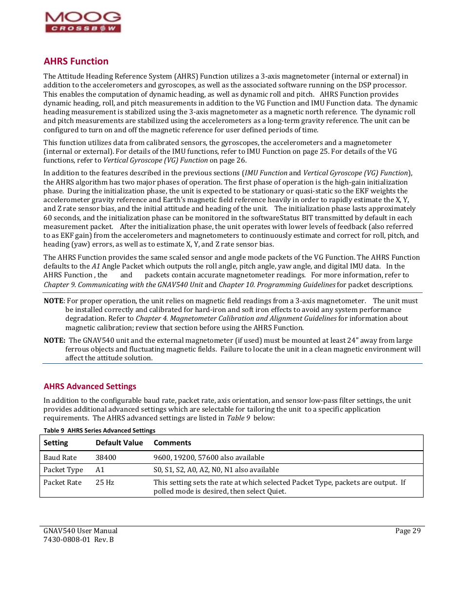 Ahrs function, Ahrs advanced settings, Setting | Default value, Comments, Rs function, Table 9 ahrs series advanced settings, Vertical gyros | Moog Crossbow GNAV540 User Manual | Page 29 / 132