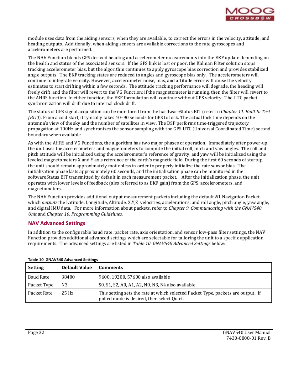 Nav advanced settings, Setting, Default value | Comments, Advanced settings, Apter 3, Hardware interface, Table 10 gnav540 advanced settings | Moog Crossbow GNAV540 User Manual | Page 32 / 132