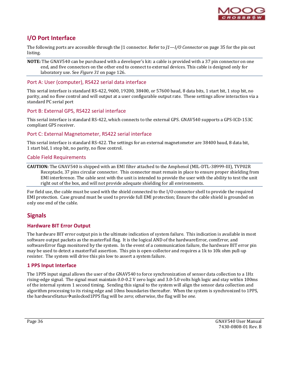 I/o port interface, Port b: external gps, rs422 serial interface, Cable field requirements | Signals, Hardware bit error output, 1 pps input interface, I/o port interface sig, Nals | Moog Crossbow GNAV540 User Manual | Page 36 / 132