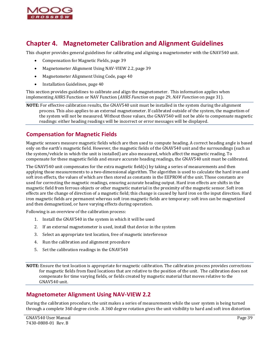 Compensation for magnetic fields, Magnetometer alignment using nav-view 2.2, Apter 4 | Magnetometer calibration and alignment guidelines, Magnetometer alignment using nav‐view 2.2, Chapter 4. magnetometer, Chapt | Moog Crossbow GNAV540 User Manual | Page 39 / 132