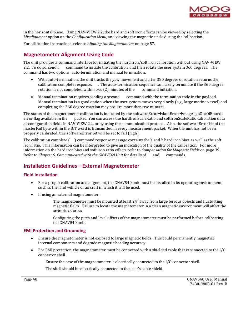 Magnetometer alignment using code, Installation guidelines—external magnetometer, Field installation | Emi protection and grounding, Magnetometer alignment using code in, Stallation guidelines—external magnetometer, Pter provides general guidelines for calibrat, Magnetometer alignment using nav‐view 2.2, Code, Magnetometer alignment using | Moog Crossbow GNAV540 User Manual | Page 40 / 132