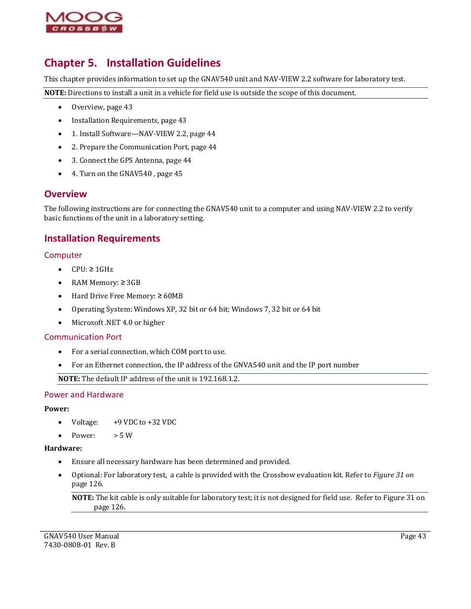 Chapter 5. installation guidelines, Overview, Installation requirements | Computer, Communication port, Power and hardware, Installation guidelines | Moog Crossbow GNAV540 User Manual | Page 43 / 132