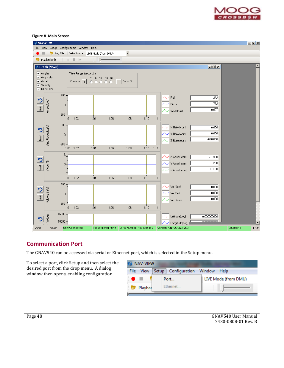 Communication port, Figure 8 main screen | Moog Crossbow GNAV540 User Manual | Page 48 / 132