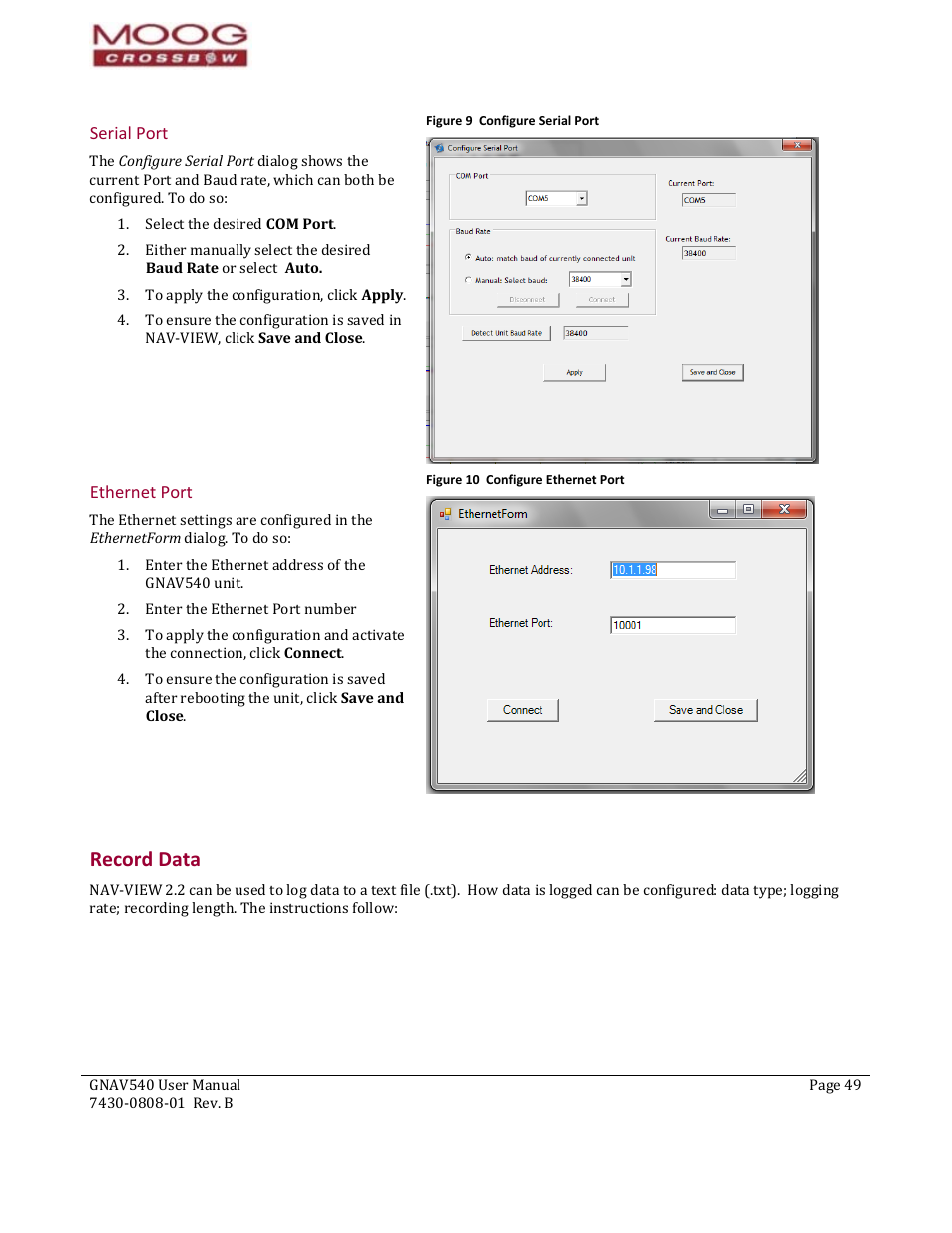 Serial port, Ethernet port, Record data | Communication port, Figure 9 configure serial port, Figure 10 configure ethernet port | Moog Crossbow GNAV540 User Manual | Page 49 / 132