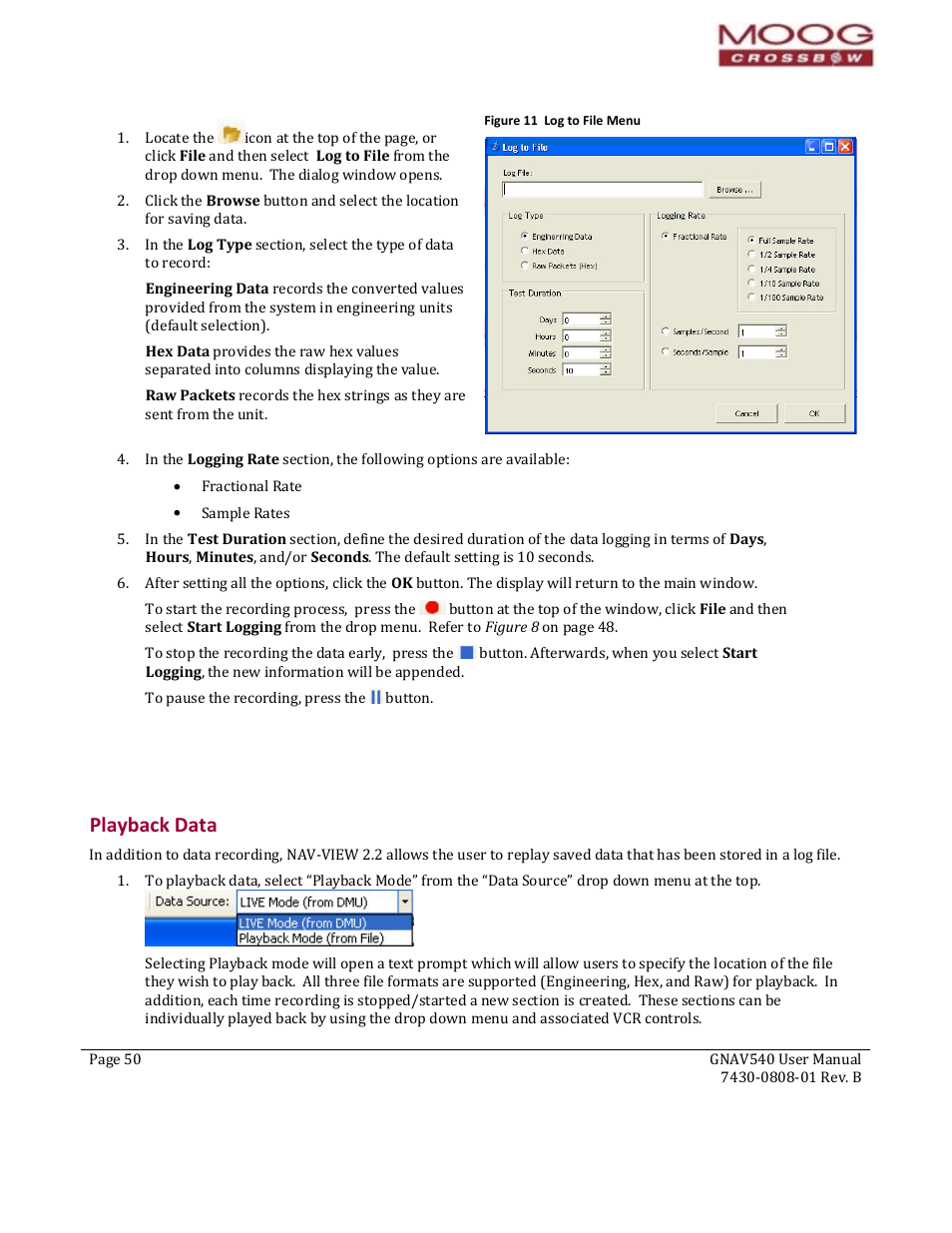 Playback data, Figure 11 log to file menu | Moog Crossbow GNAV540 User Manual | Page 50 / 132
