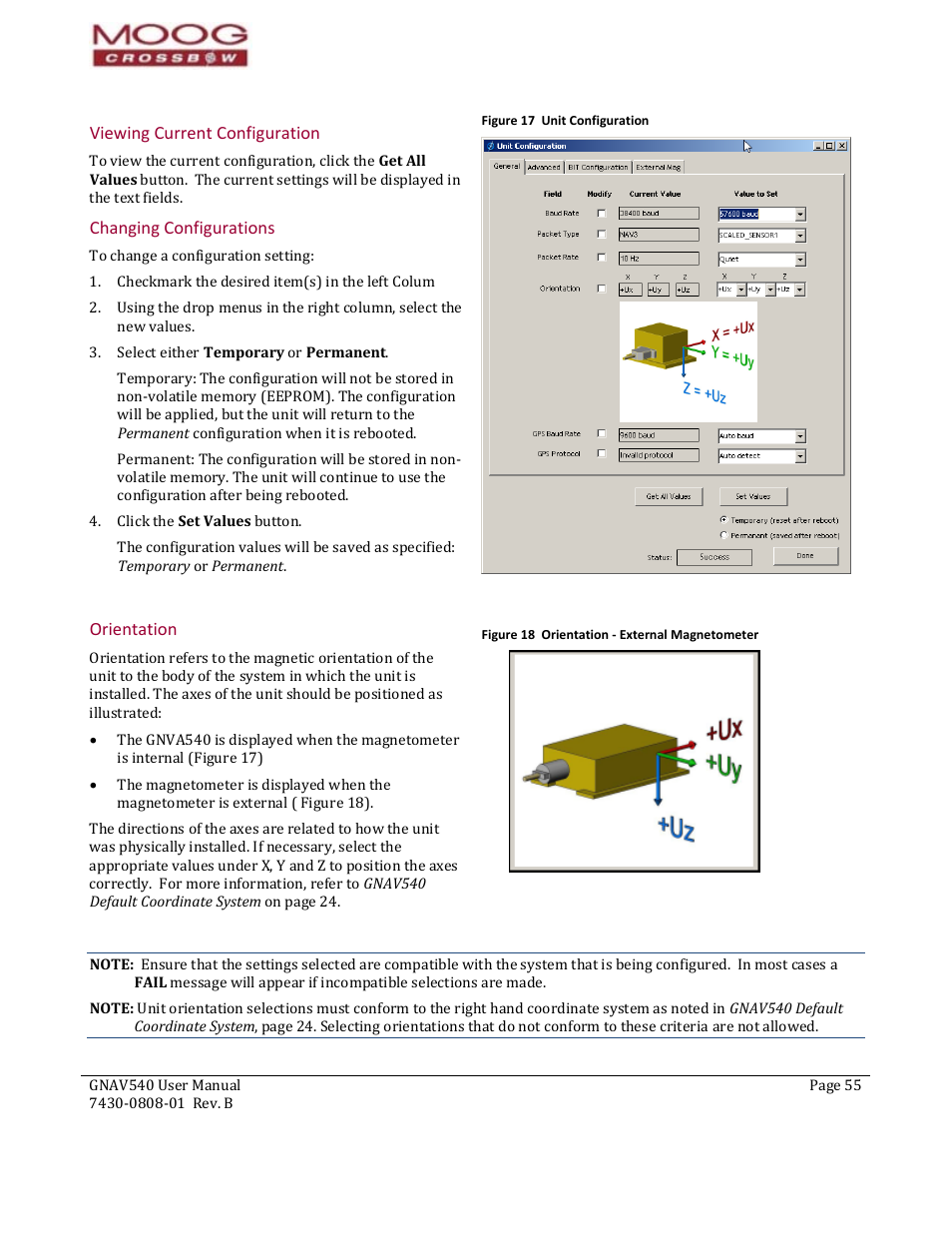 Viewing current configuration, Changing configurations, Orientation | Figure 17 unit configuration, Figure 18 orientation ‐ external magnetometer | Moog Crossbow GNAV540 User Manual | Page 55 / 132