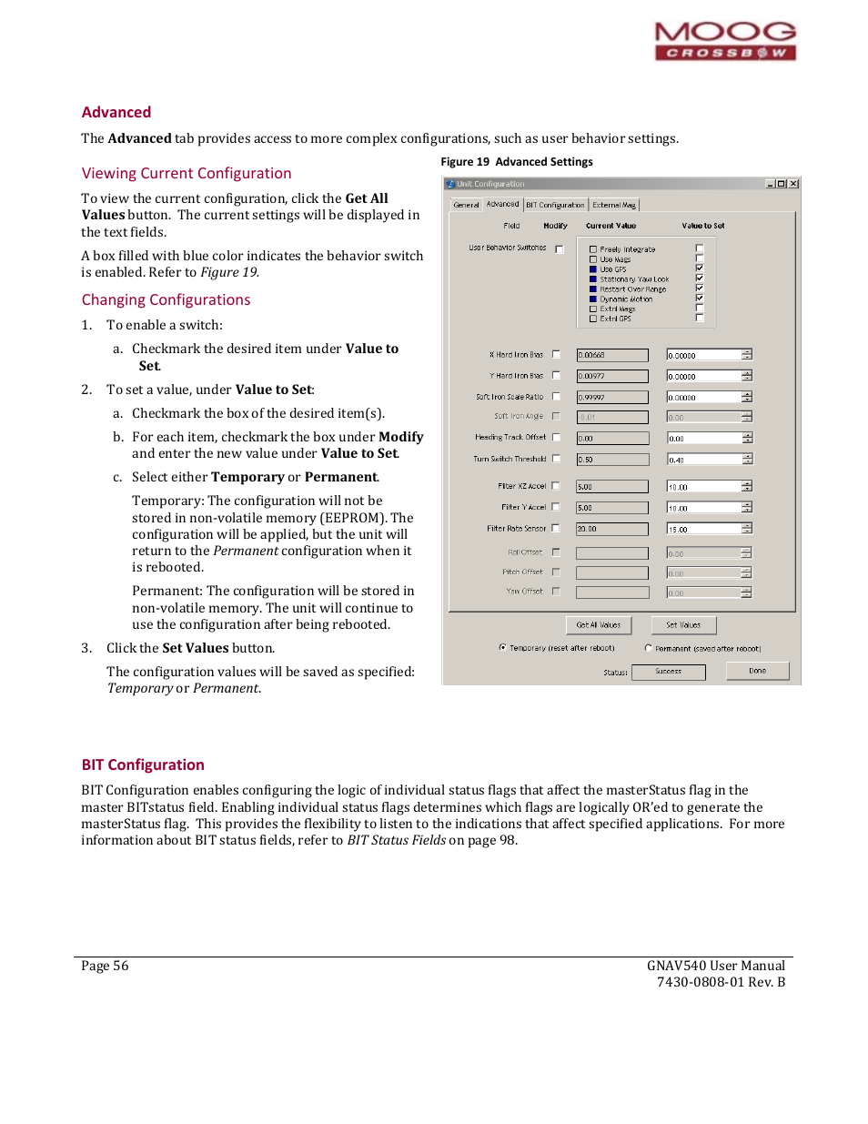 Advanced, Viewing current configuration, Changing configurations | Bit configuration, Figure 19 advanced settings, Tion | Moog Crossbow GNAV540 User Manual | Page 56 / 132