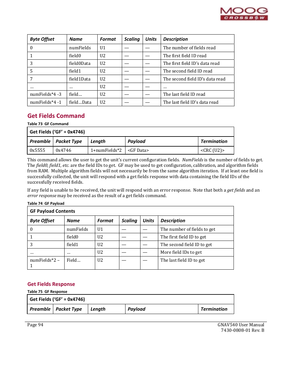 Byte offset, Name, Format | Scaling, Units, Description, Get fields command, Get fields (‘gf’ = 0x4746), Preamble, Packet type | Moog Crossbow GNAV540 User Manual | Page 94 / 132