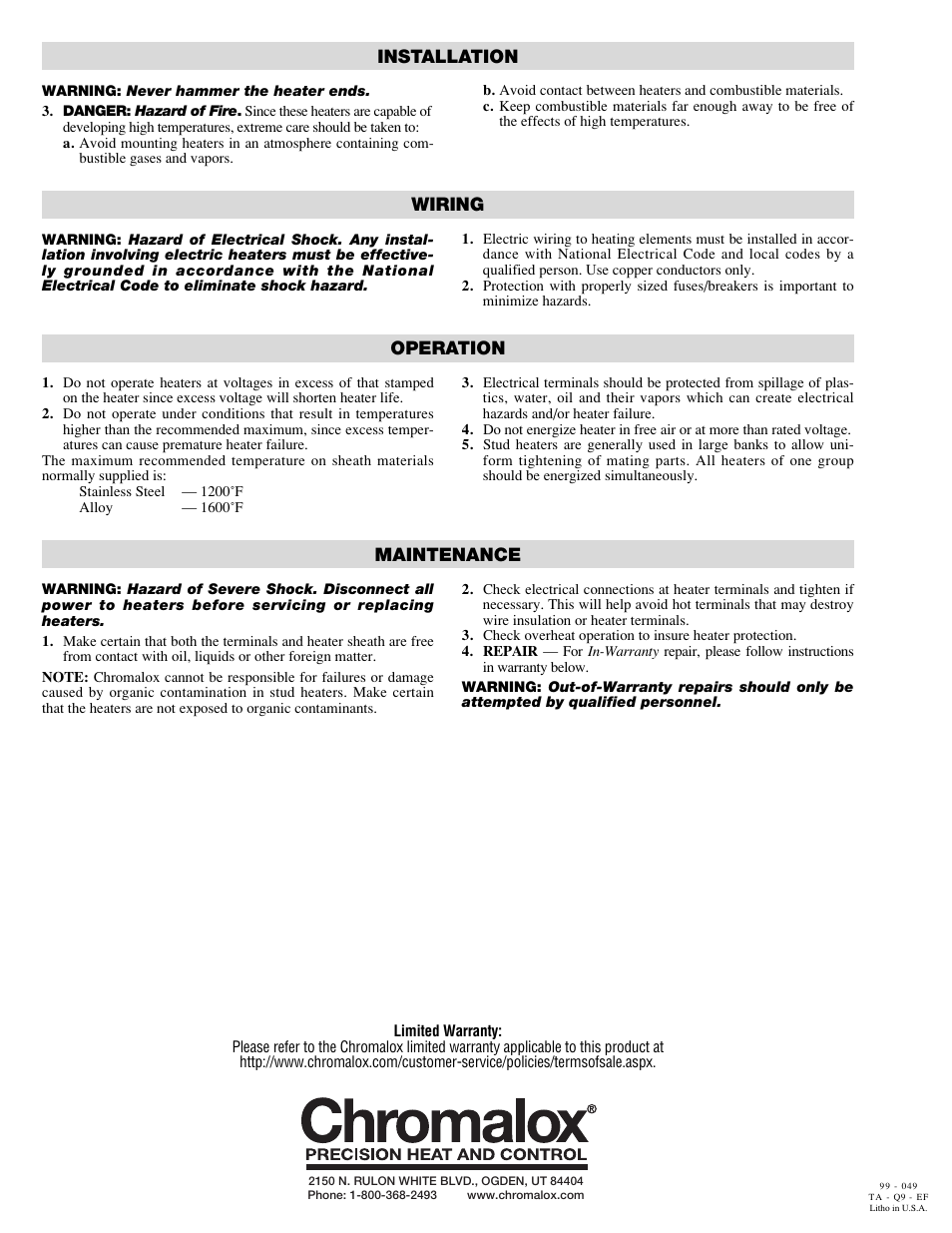 Wiring, Operation, Maintenance | Installation | Chromalox PB402-4 User Manual | Page 2 / 2