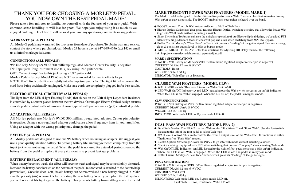 Morley MARK TREMONTI POWER WAH (MARK 1) User Manual | 1 page
