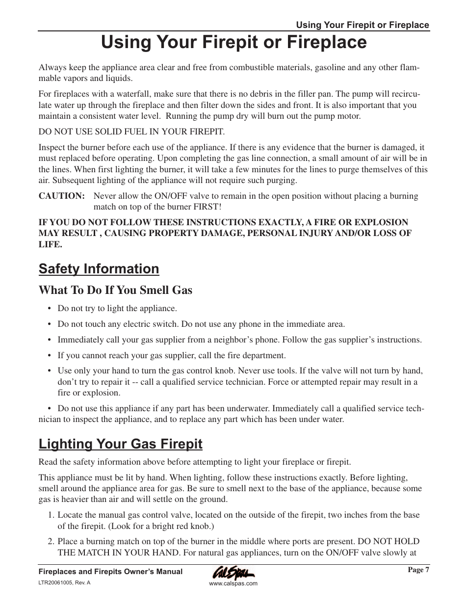 Using your firepit or fireplace, Safety information, Lighting your gas firepit | Safety information lighting your gas firepit, What to do if you smell gas | Cal Flame Fireplaces & Firepits 2006 User Manual | Page 11 / 18