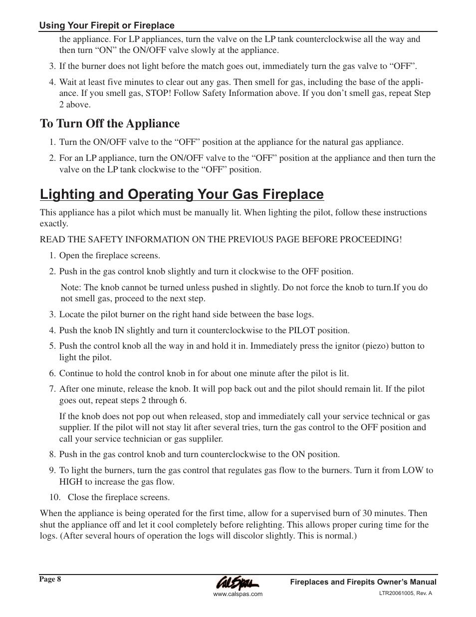 Lighting and operating your, Lighting and operating your gas fireplace | Cal Flame Fireplaces & Firepits 2006 User Manual | Page 12 / 18