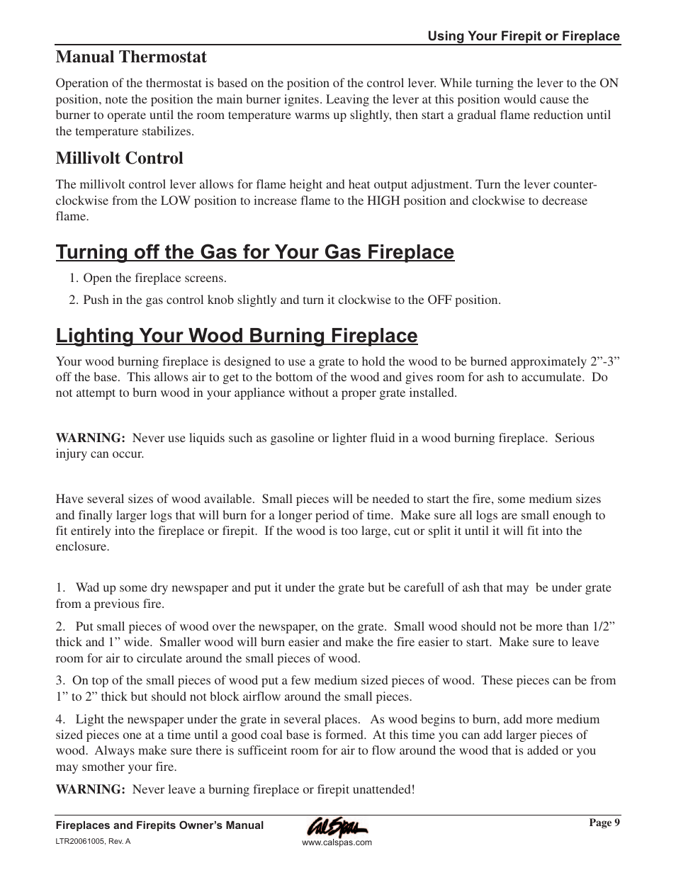 Turning off the gas for your, Lighting your wood burning f, Turning off the gas for your gas fireplace | Lighting your wood burning fireplace, Manual thermostat, Millivolt control | Cal Flame Fireplaces & Firepits 2006 User Manual | Page 13 / 18