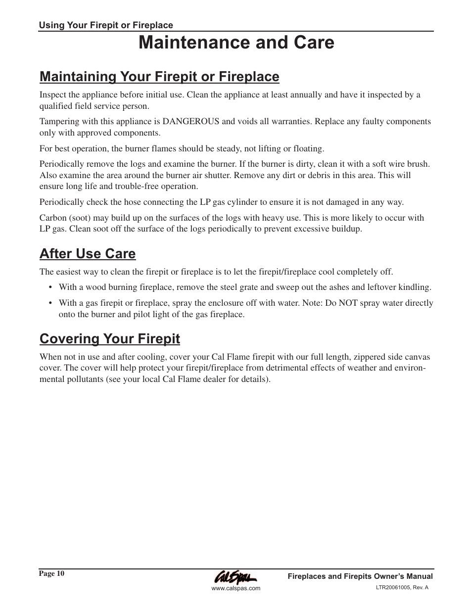 Maintenance and care, Maintaining your firepit or, After use care | Covering your firepit, Maintaining your firepit or fireplace | Cal Flame Fireplaces & Firepits 2006 User Manual | Page 14 / 18