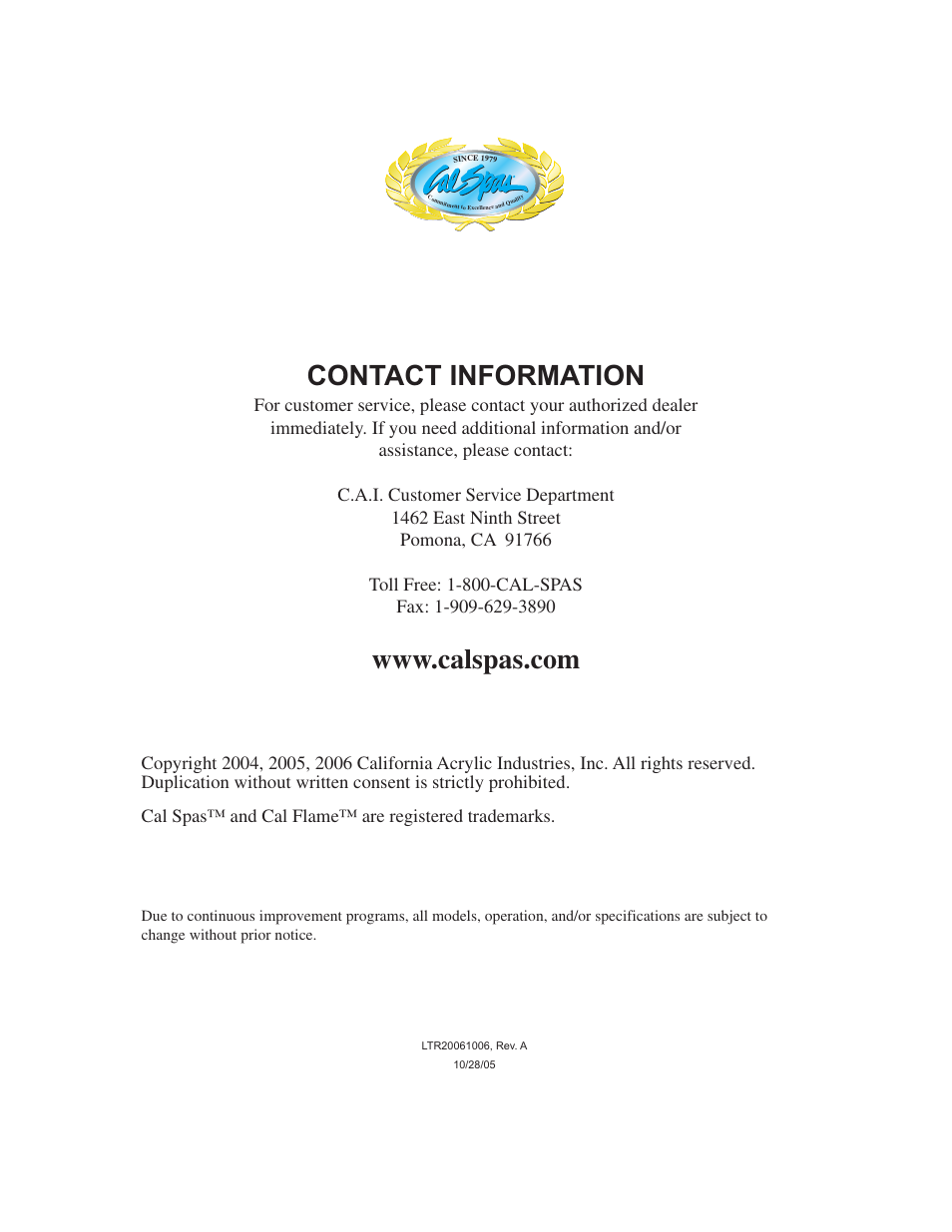 Contact information | Cal Flame Fireplaces & Firepits 2006 User Manual | Page 2 / 18
