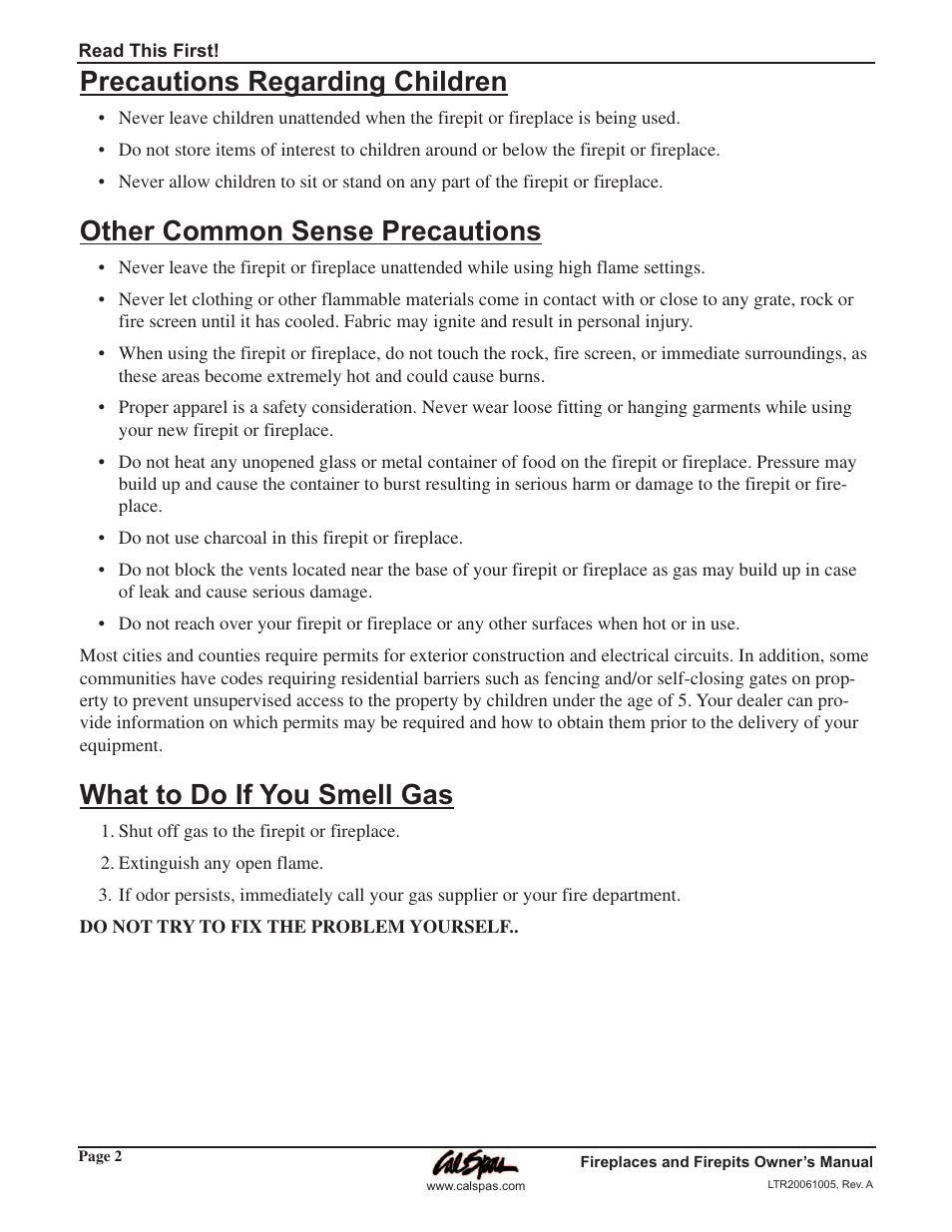 Precautions regarding children, Other common sense precautions, What to do if you smell gas | Cal Flame Fireplaces & Firepits 2006 User Manual | Page 6 / 18