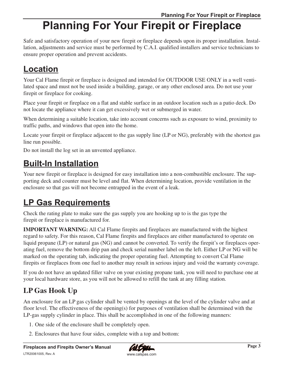 Planning for your firepit or, Location, Built-in installation | Lp gas requirements, Planning for your firepit or fireplace, Location built-in installation lp gas requirements, Lp gas hook up | Cal Flame Fireplaces & Firepits 2006 User Manual | Page 7 / 18