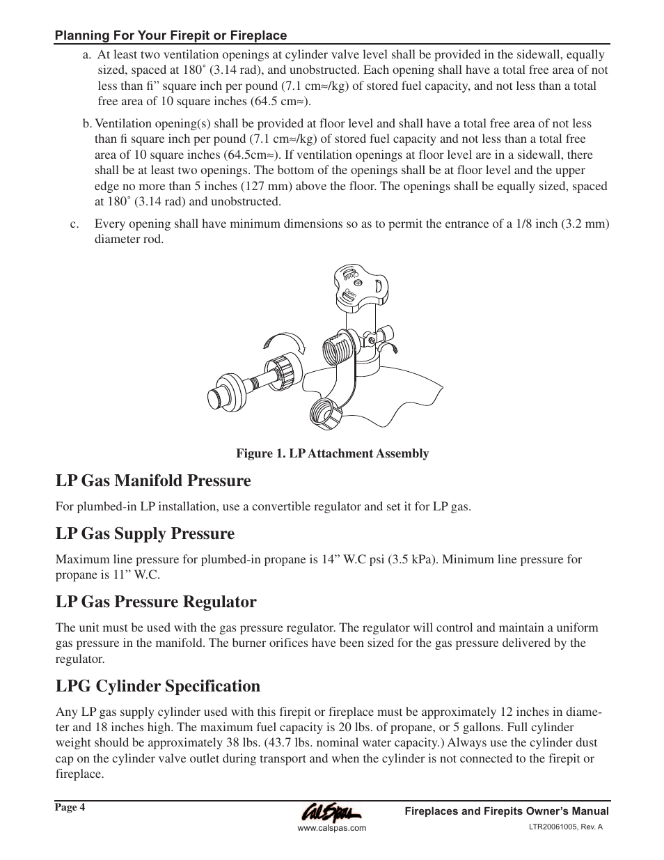 Lp gas manifold pressure, Lp gas supply pressure, Lp gas pressure regulator | Lpg cylinder specification | Cal Flame Fireplaces & Firepits 2006 User Manual | Page 8 / 18