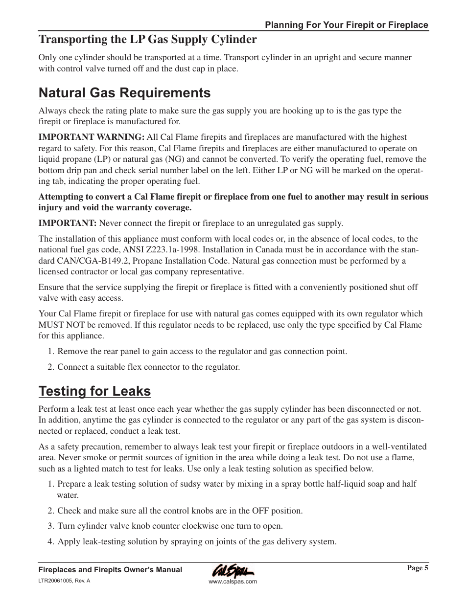 Natural gas requirements, Testing for leaks, Natural gas requirements testing for leaks | Transporting the lp gas supply cylinder | Cal Flame Fireplaces & Firepits 2006 User Manual | Page 9 / 18