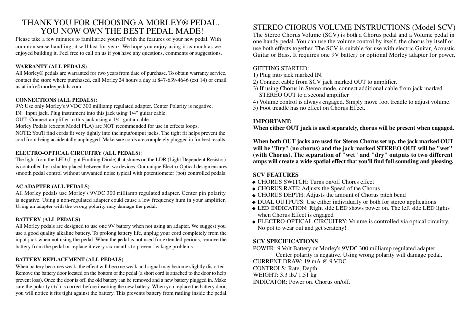 Morley STEREO CHORUS VOLUME (SCV) User Manual | 1 page