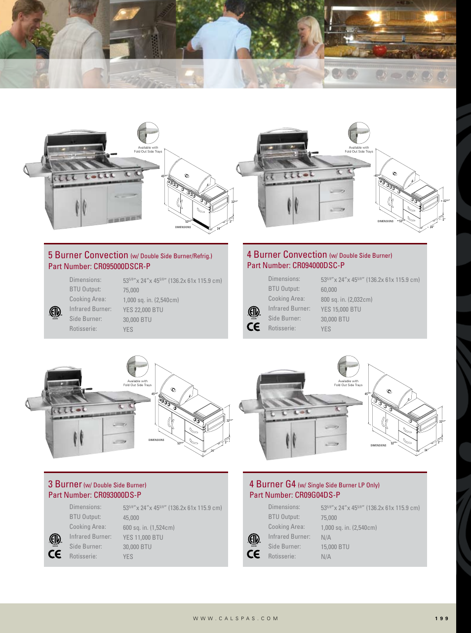 5 burner convection, 3 burner, 4 burner convection | 4 burner g4, Part number: cr09g04ds-p, W/ double side burner/refrig.), X 24”x 45, W/ double side burner), W/ single side burner lp only) | Cal Flame Barbecue Carts none User Manual | Page 5 / 8