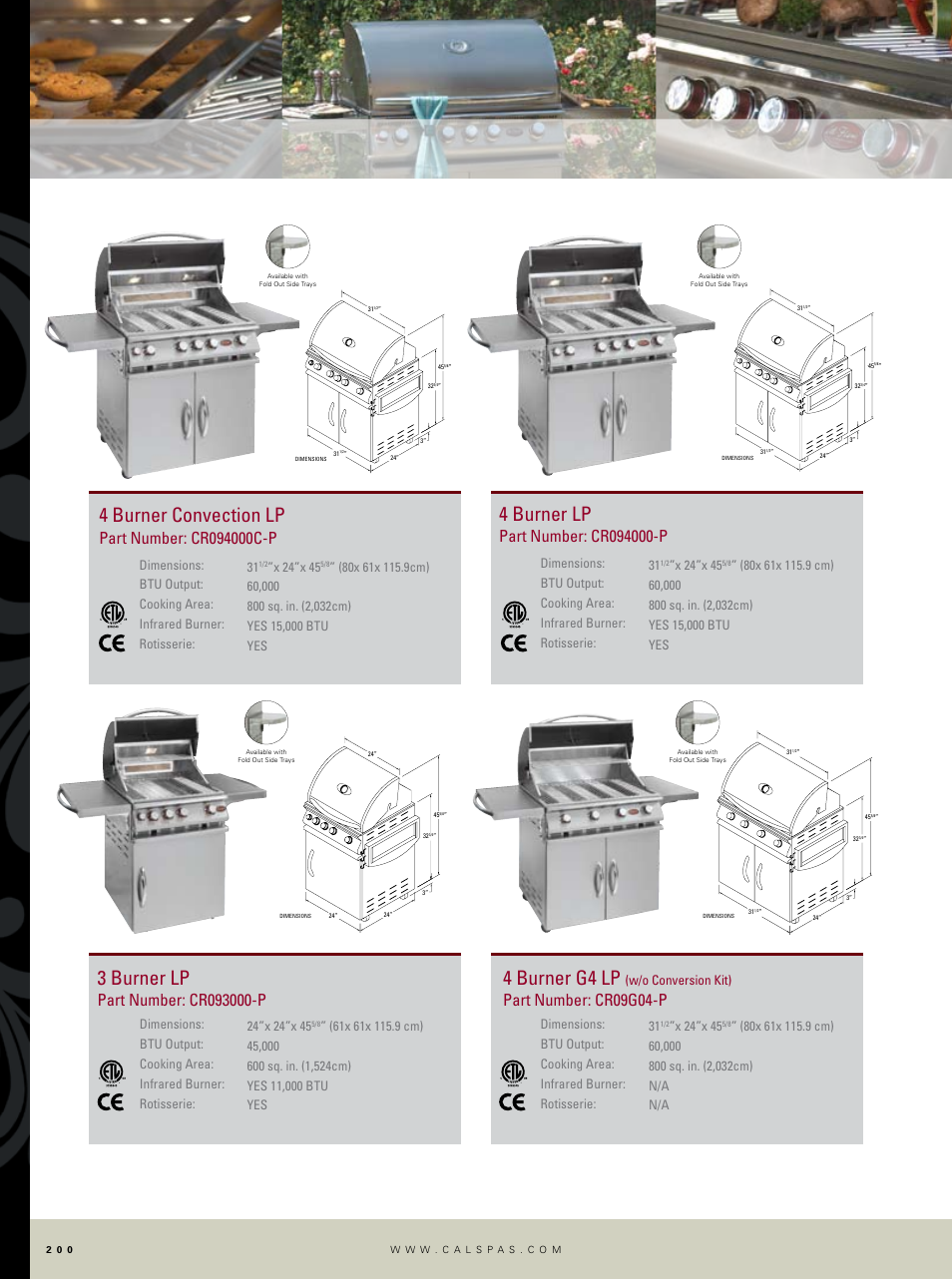 4 burner lp, 4 burner convection lp, 3 burner lp | 4 burner g4 lp, Part number: cr09g04-p, X 24”x 45, W/o conversion kit) | Cal Flame Barbecue Carts none User Manual | Page 6 / 8