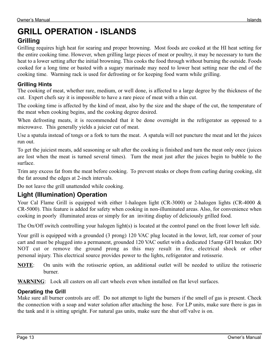 Grill operation - islands | Cal Flame 3000 User Manual | Page 14 / 61