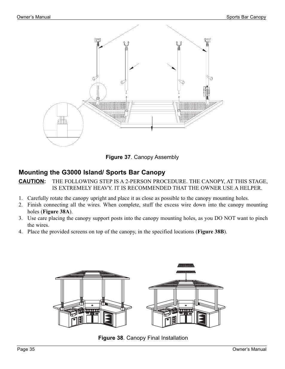 Mounting the g3000 island/ sports bar canopy | Cal Flame 3000 User Manual | Page 36 / 61