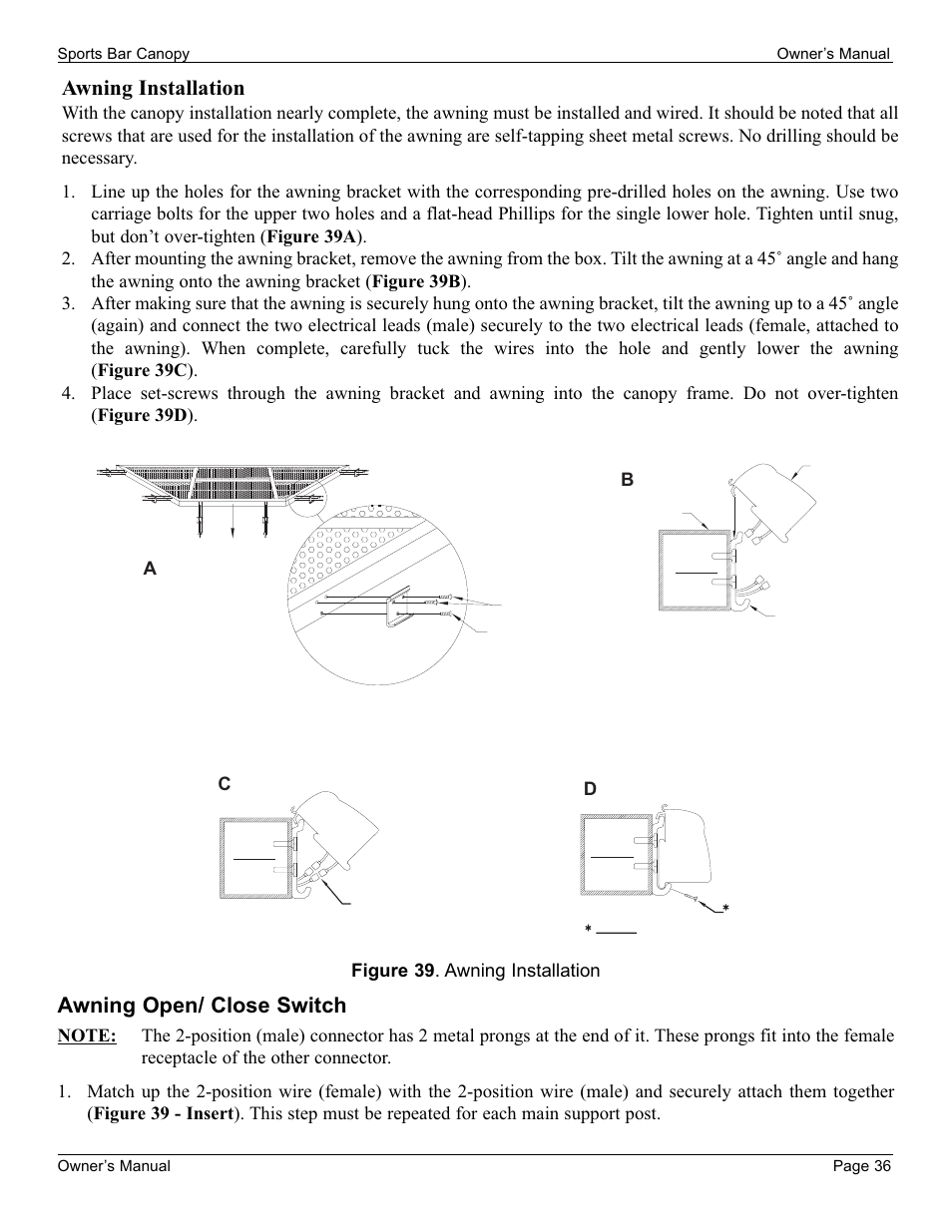 Awning installation, Awning open/ close switch | Cal Flame 3000 User Manual | Page 37 / 61