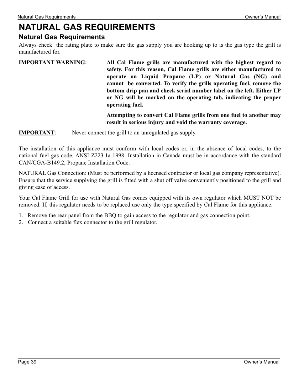 Natural gas (ng) requirements, Natural gas requirements | Cal Flame 3000 User Manual | Page 40 / 61