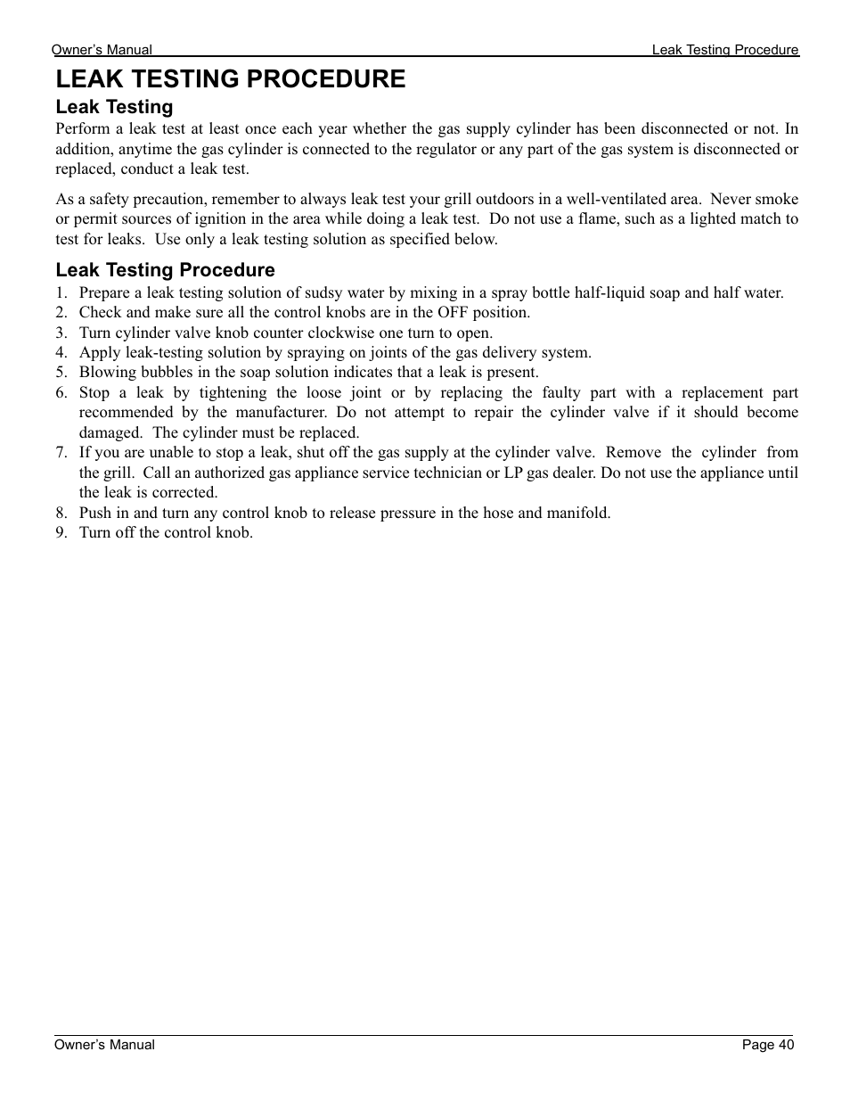 Leak testing procedure | Cal Flame 3000 User Manual | Page 41 / 61