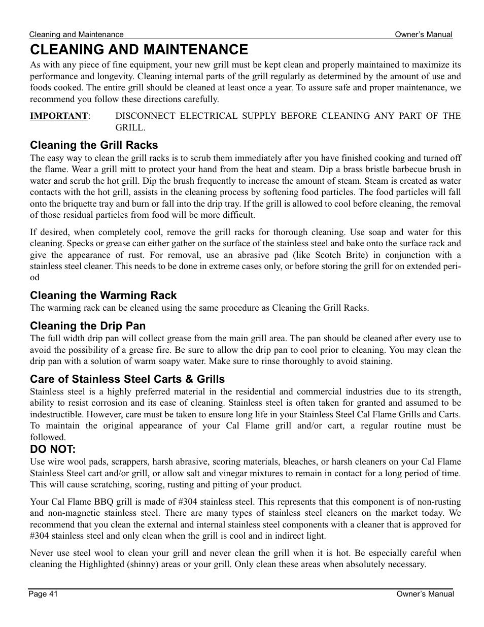 Cleaning and maintenance procedures, Cleaning and maintenance | Cal Flame 3000 User Manual | Page 42 / 61