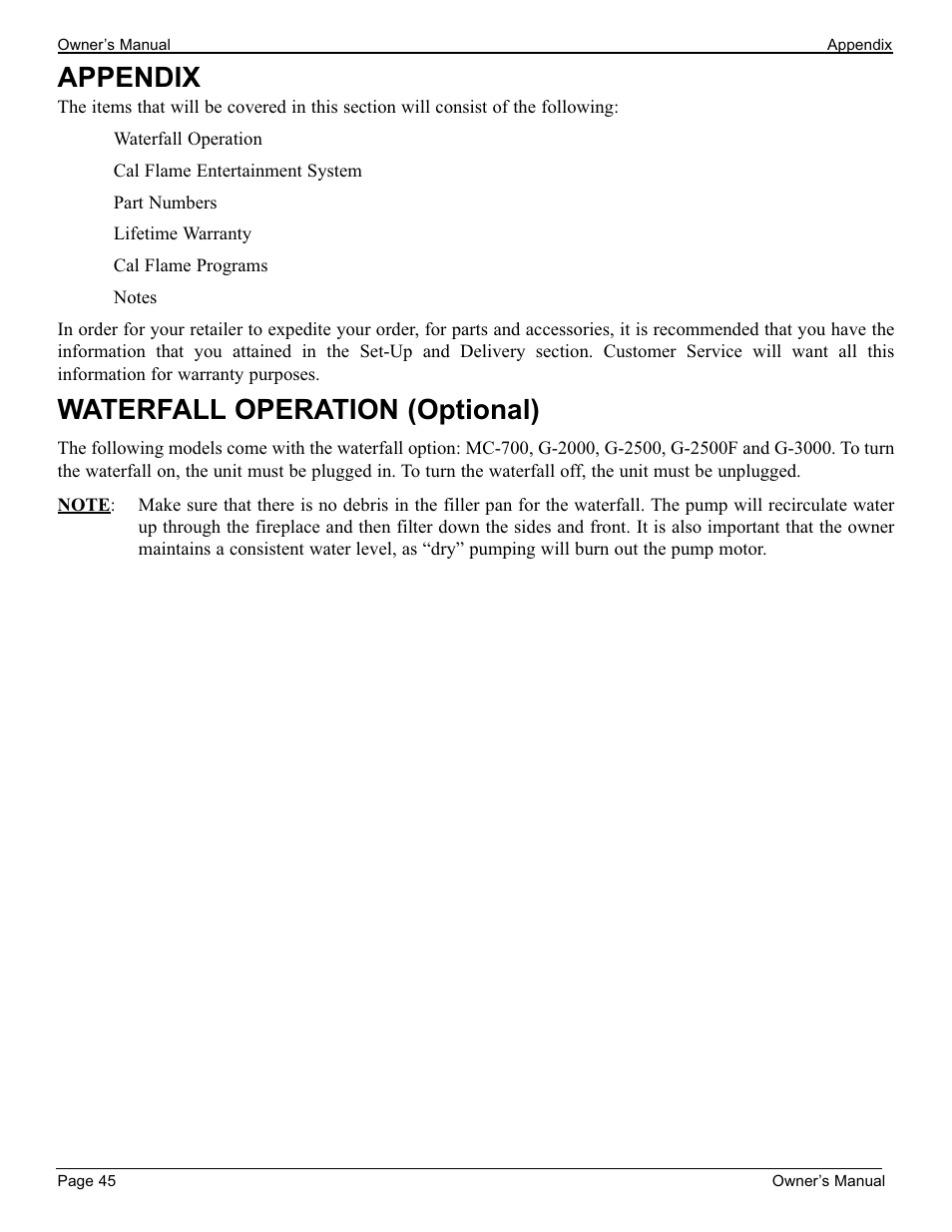 Appendix, Waterfall operation, Waterfall operation (optional) | Cal Flame 3000 User Manual | Page 46 / 61