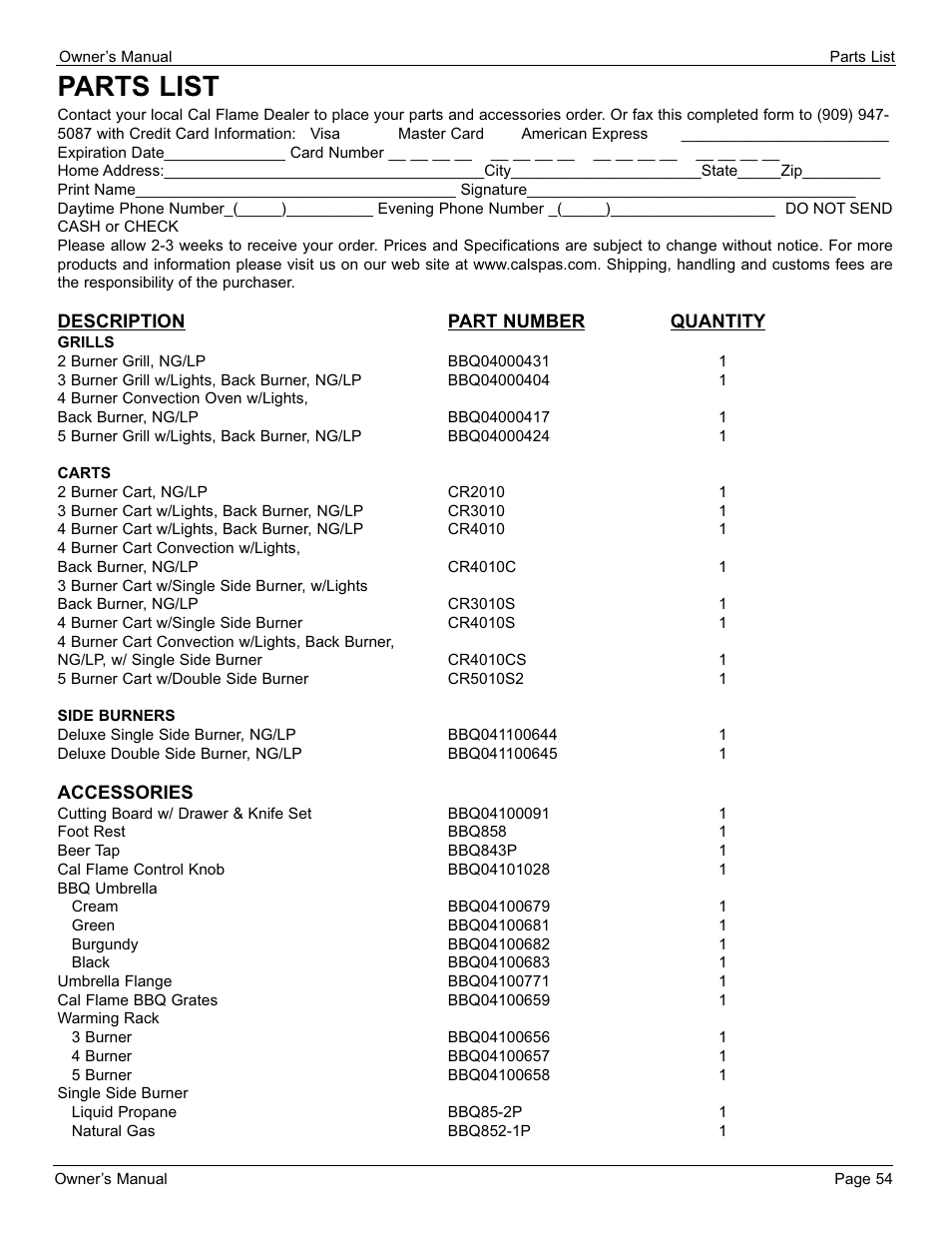Part numbers, Parts list | Cal Flame 3000 User Manual | Page 55 / 61