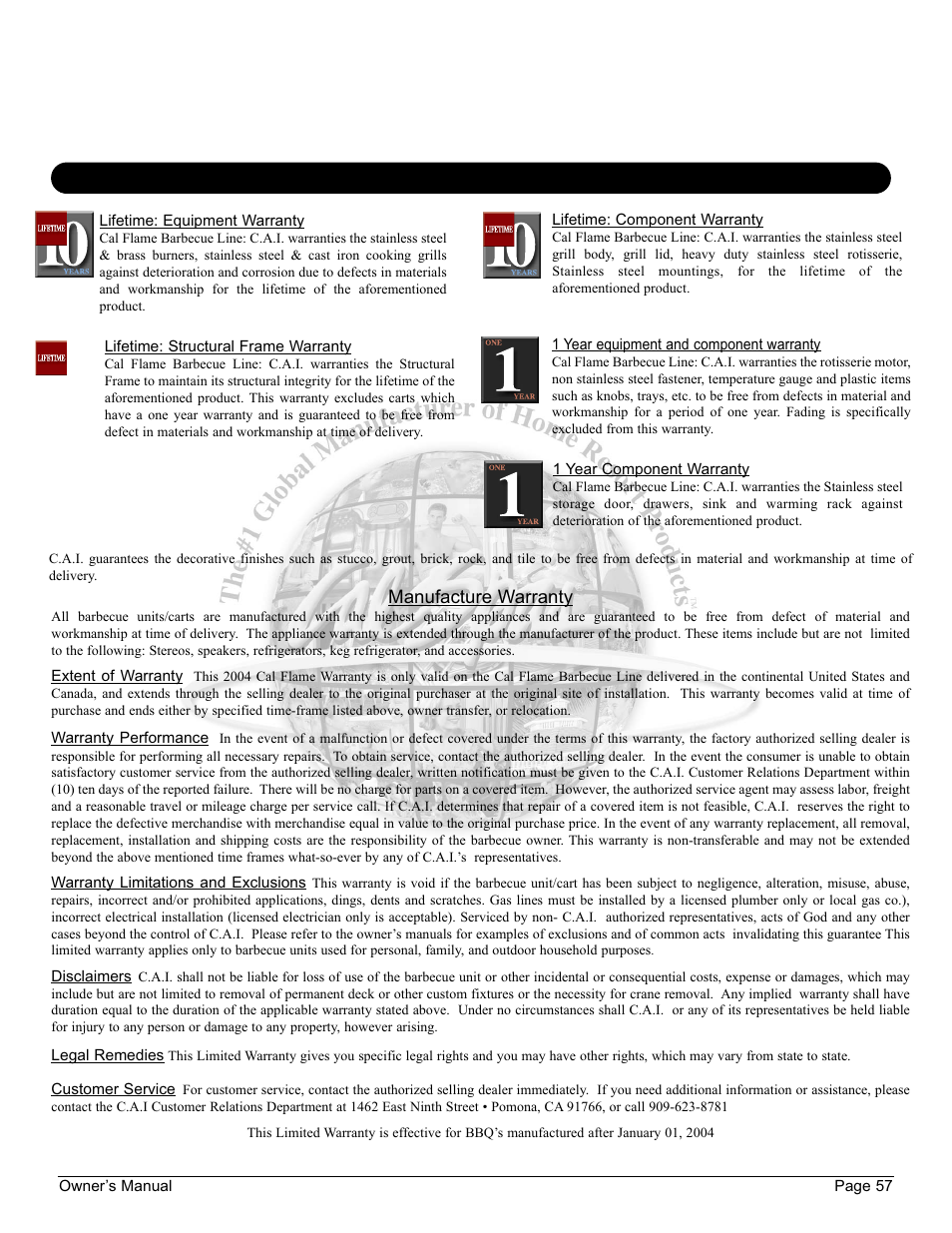 Warranty, Limited warranty | Cal Flame 3000 User Manual | Page 58 / 61