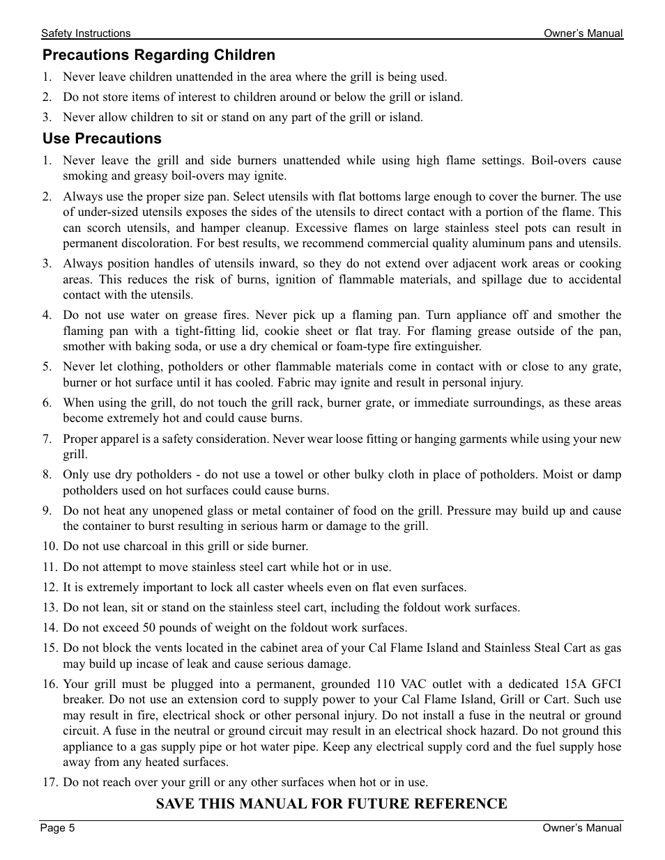 Precuations regarding children | Cal Flame 3000 User Manual | Page 6 / 61
