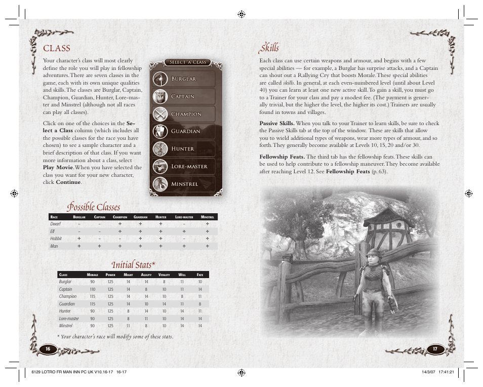 Skills, Class, Possible classes | Initial stats | CodeMasters Lord Of the Rings Online - Shadows of Angmar for PC User Manual | Page 10 / 65