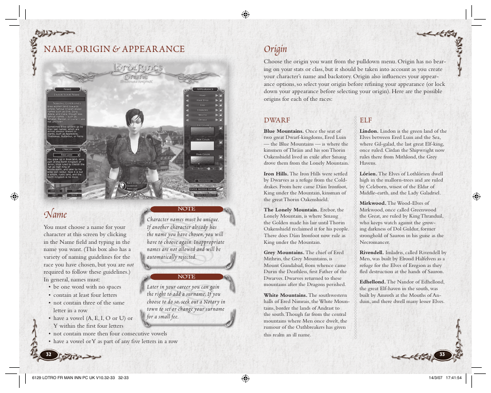 Origin, Name, origin & appearance name, Dwarf | CodeMasters Lord Of the Rings Online - Shadows of Angmar for PC User Manual | Page 18 / 65
