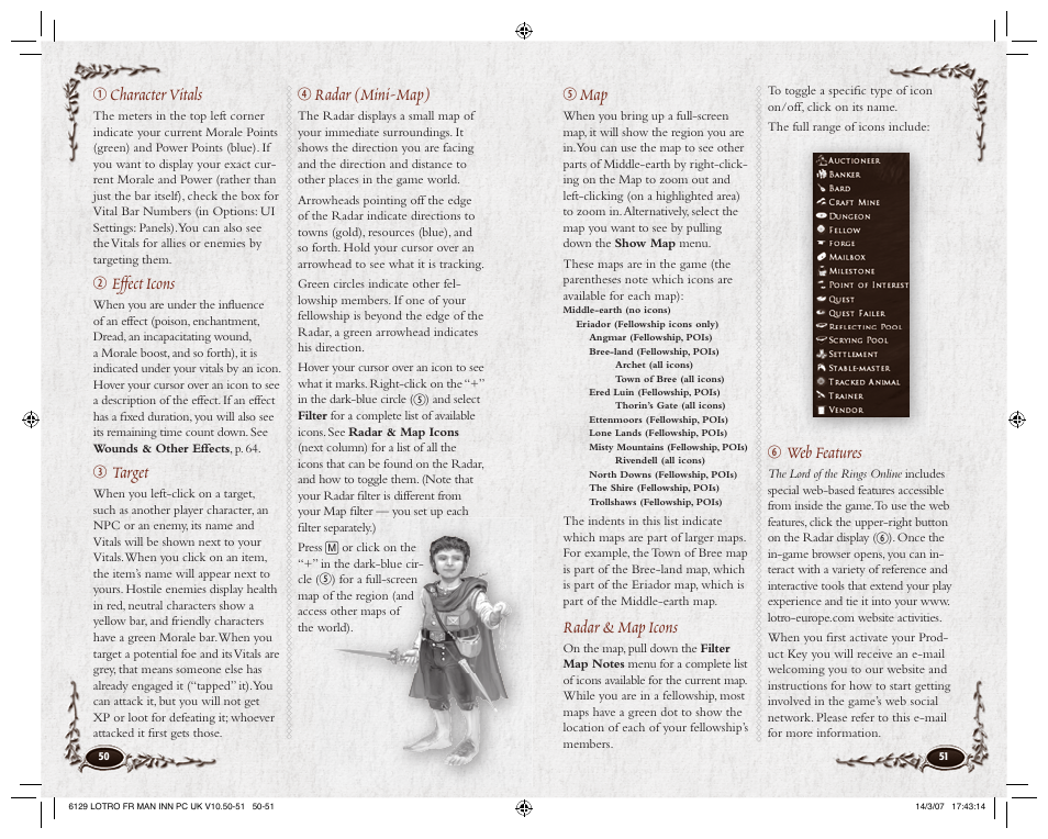 Radar & map icons, Web features, Character vitals | Effect icons, Target, Radar (mini-map) | CodeMasters Lord Of the Rings Online - Shadows of Angmar for PC User Manual | Page 27 / 65