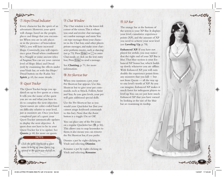 Hope/dread indicator, Quest tracker, Chat window | Pet shortcut bar, Xp bar | CodeMasters Lord Of the Rings Online - Shadows of Angmar for PC User Manual | Page 28 / 65
