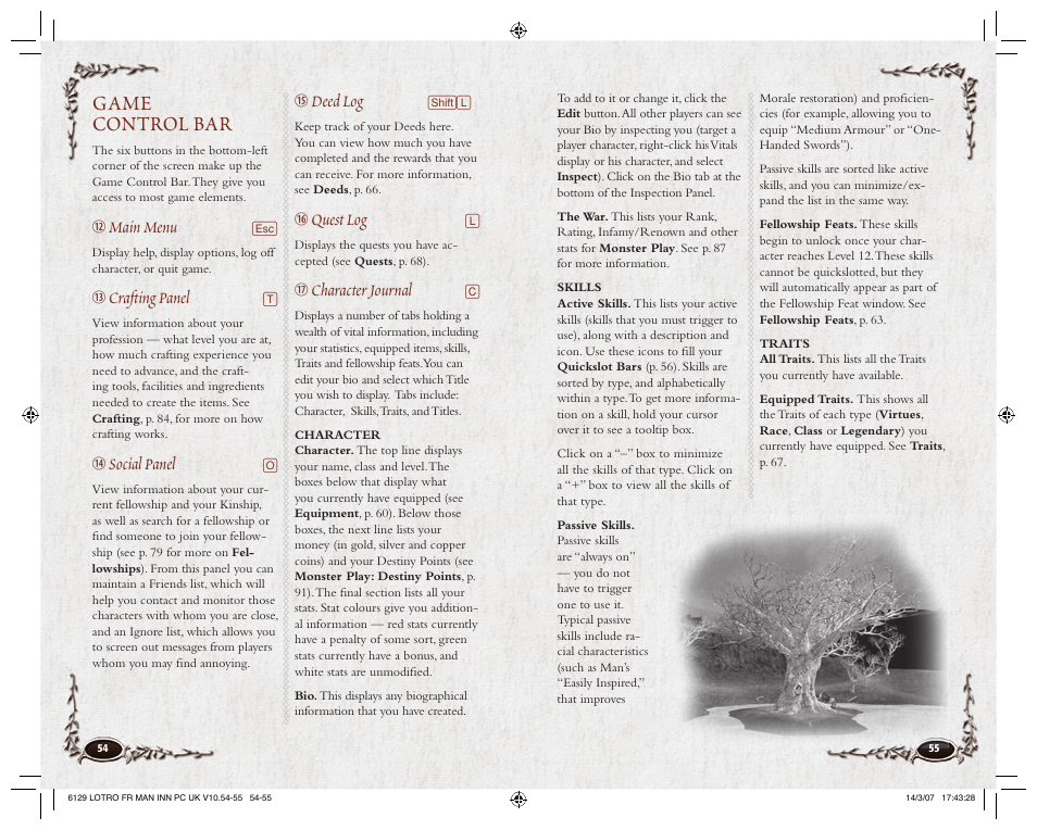 Game control bar, Main menu, Crafting panel | Social panel, Deed log, Quest log, Character journal | CodeMasters Lord Of the Rings Online - Shadows of Angmar for PC User Manual | Page 29 / 65